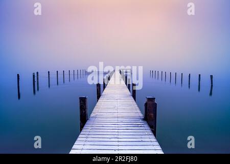 Schneebedeckte Anlegestelle im Jachthafen bei nebeligem Sonnenaufgang am Starnberger See, Seeshaupt, Bayern, Deutschland Stockfoto