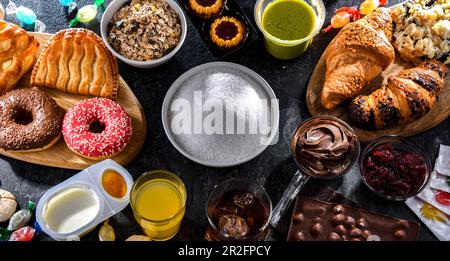 Lebensmittelerzeugnisse, die eine erhebliche Menge Zucker enthalten. Junkfood Stockfoto