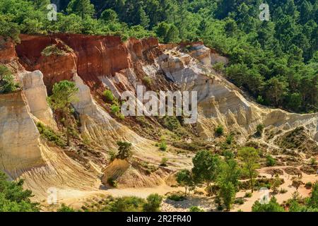 Ocher rockt in einem ehemaligen Ocker-Steinbruch, Colorado Provence, in der Nähe von Rustrel, Luberon Nature Park, Vaucluse, Provence-Alpes-Cote d'Azur, Frankreich Stockfoto