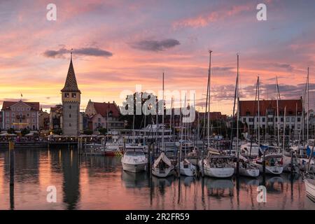 Blick auf den Hafen von Lindau mit dem Mangturm im Hintergrund, Bayern, Deutschland, Europa Stockfoto