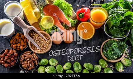 Lebensmittel, die für Osteoporose und gesunde Knochen empfohlen werden Stockfoto