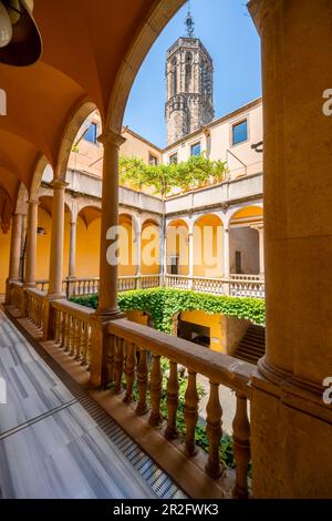 Arxiu de la Corona d'Arago, Gemeindearchiv, Innenhof mit Arkaden, Altstadt von Barcelona, Katalonien, Spanien Stockfoto