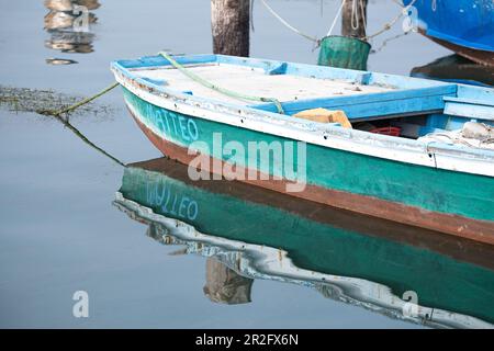 Detailansicht eines Fischerboots im Hafen von Pellestrina, Lagune von Venedig, Pellestrina, Veneto, Italien, Europa Stockfoto