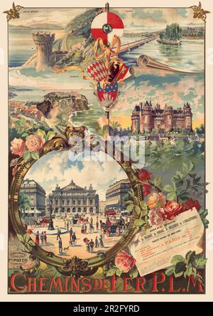 Chemins de Fer P.L.M. Lac du Bourget, Genève, Monaco, Château de Pierrefonds von Carlo Cussetti (1866-1949). Poster wurde 1890 in Italien veröffentlicht. Stockfoto