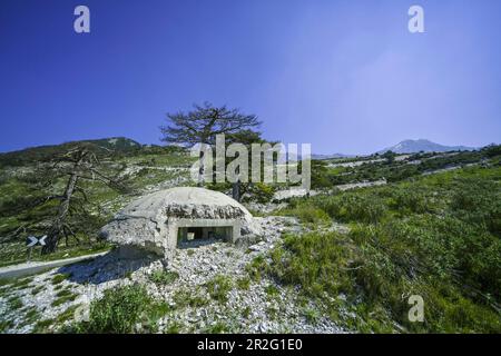 Ehemalige Festung, Bunker am Llogara Pass in den Ceraunian Mountains, Nationalpark im Vjosa-Tal, Landschaft im Grenzgebiet dazwischen Stockfoto