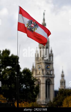 Österreichische Staatsflagge vor dem Rathaus, Blick auf die Stadt, Wien, Österreich Stockfoto