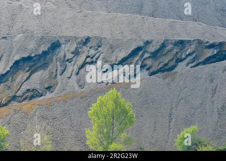 Große Kies- und Erzberge mit Bäumen im Industriegebiet der Donau bei Linz, Österreich Stockfoto