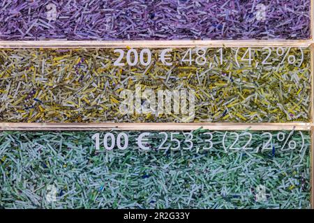 Euro-Scheine, mit einem Schredder entsorgt und zerfetzt, Geld zerfetzt, Präsentation der Deutschen Bundesbank, Frankfurt am Main, Hessen, Deutschland Stockfoto