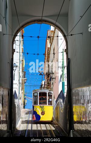 Die alte Elevador da Bica Seilbahn führt zum Miradouro de Santa Caterina Aussichtspunkt. Stockfoto