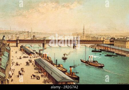 The Broomielaw, View East, Glasgow, Schottland, Großbritannien, Hafen, Fluss Clyde, Kai, Kai, Dampfer, Schiffsverkehr, Kettenbrücke, Gebäude Stockfoto