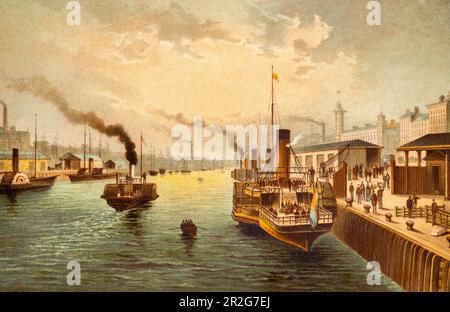 The Broomielaw, West View, Glasgow, Schottland, Großbritannien, River Clyde, Blick auf die Stadt, Dampfer, Paddeldampfer, Rauch, Hafengebiet, Schiffsverkehr Stockfoto