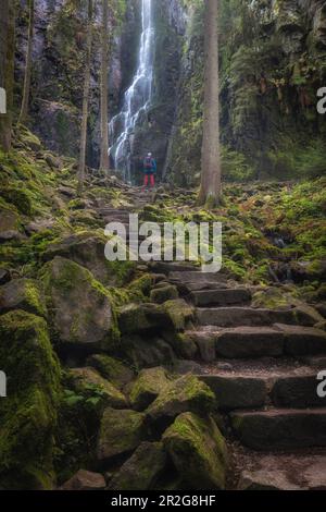 Menschen vor dem Burgbacher Wasserfall, Bad Rippoldsau-Schapbach, Schwarzwald, Baden-Würtenberg, Deutschland. Pfad mit Schritten. Stockfoto