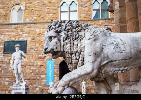 Einer der Medici-Löwen mit einer Kopie der Davidstatue Michelangelos im Hintergrund, Florenz, Toskana, Italien Stockfoto