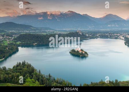 Blick auf St. Marienkirche auf der Insel Bled, Slowenien. Stockfoto