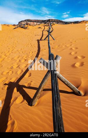 Verwitterter Wermut-Ranch-Zaun; Coral Pink Sand Dunes State Park; Utah; USA Stockfoto