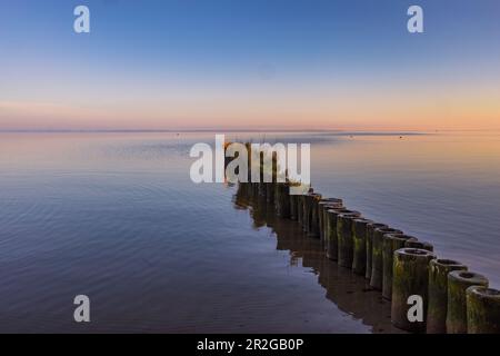 Buhlen an der Ostseeküste bei Sonnenaufgang in der Nähe von Uckermünde. Szczecin Lagune, Ostsee, Mecklenburg-Vorpommern, Deutschland, Europa Stockfoto