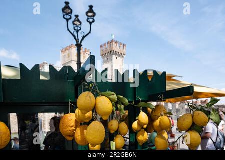 Blick auf den Verkaufsstand für Zitronen in Sirmione, Verona, Veneto, Italien Stockfoto