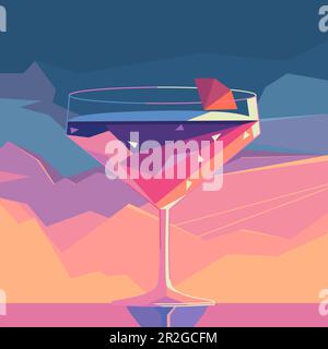 Cocktail in einem Glas vor dem Hintergrund der Berge. Vektordarstellung Stock Vektor