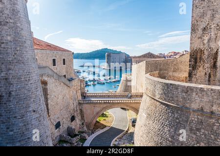 Stadtmauern und alter Hafen in Dubrovnik, Kroatien Stockfoto