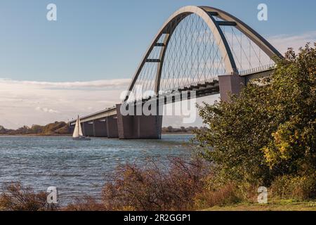 Blick auf die Fehmarn Sound Bridge. Ein Segelschiff fährt unter der Brücke, Fehmarn, Ostsee, Ostholstein, Schleswig-Holstein, Deutschland, Europa Stockfoto