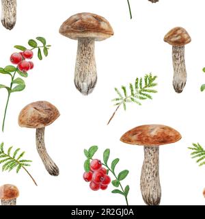 Wilde Pilze, rote wilde Beeren und Moos Wasserfarben handgemalte botanische, realistische Illustration. Waldbohnen und Cranberry isoliert auf weißem Rückgrat Stockfoto