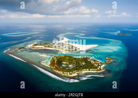 Ferieninsel Kandooma und lokale Insel Guraidhoo, Süd-Männlich-Atoll, Indischer Ozean, Malediven Stockfoto