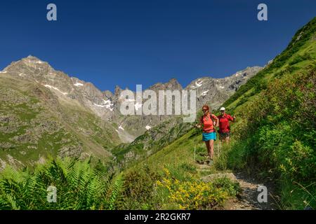 Mann und Frau wandern zum Refuge Vallonpierre, Valgaudemar, Ecrins Nationalpark, Dauphine, Provence-Hautes Alpes, Frankreich Stockfoto