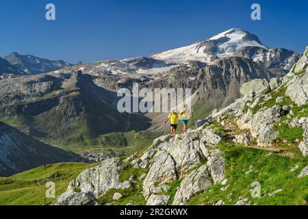 Mann und Frau wandern mit La Grande Motte im Hintergrund, Tignes, Vanoise Nationalpark, Vanoise, Savoy, Frankreich Stockfoto