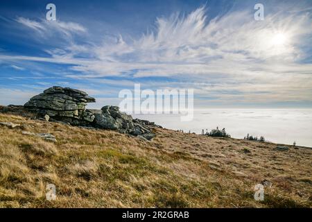 Teufelskanzel Felsformation auf dem Gipfel der Brocken, Brocken, Harz, des Nationalparks Harz, Sachsen-Anhalt, Deutschland Stockfoto