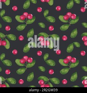 Nahtloses, endloses Muster. Cranberry mit grünen Blättern, rote reife Beeren. Botanisches Zeichnen. Handgezeichnete Aquarelldarstellung auf schwarzem Hintergrund. Stockfoto