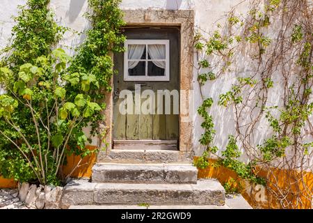 Eine alte Eingangstür zu einem idyllischen Steinhaus in der historischen Stadt Obidos, Portugal Stockfoto