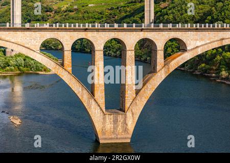 Die charakteristische Säule der Steinbrücke über den Douro in Peso da Regua in der Weinregion Alto Douro in Portugal Stockfoto