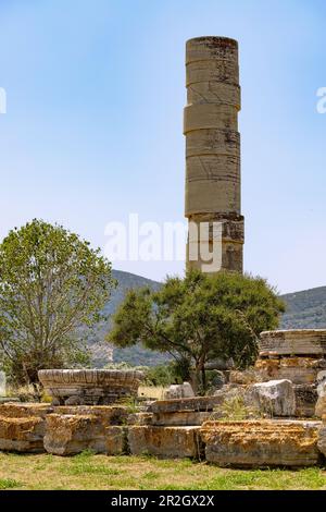 Heraion von Samos, großer säulenförmiger Tempel, archäologische Stätte des antiken Heiligtums der griechischen Göttin Hera in Ireon auf der Insel Samos in GRE Stockfoto