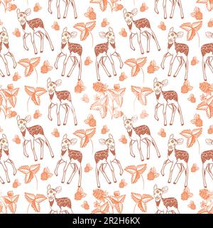 Hirsche und Beeren. Forstmotive Illustration. Nahtloses Vektormuster für Babytextilien, Geschenkpapier, Grußkarten, Tapeten und Cover. Stock Vektor
