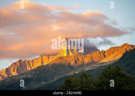 Massiv mit Aiguille Verte und Aiguille du Dru im goldenen Abendlicht, Chmaonix Mont Blanc Stockfoto