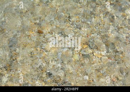 Klarer flacher Wasserhintergrund, sommerliche Atmosphäre, Draufsicht, unscharfer Kiesboden sichtbar Stockfoto