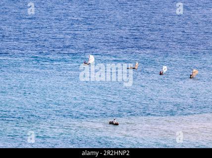 Fischer mit Pirogenbooten auf See vor der Nordküste der Insel São Tomé in Westafrika Stockfoto