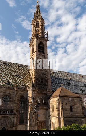 Dach und Glockenturm der Kathedrale, Bozen, Südtirol, Italien Stockfoto