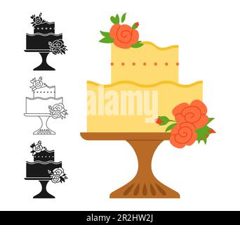 Mit Blumen verzierte Rose für Hochzeiten oder Geburtstagskuchen. Cartoon Celebration Dessertsymbol, Stempel, Line Doodle-Design-Set. Party köstlicher Cupcake süße Bäckerei. Weihnachtskuchen Dekoration Gebäck Schild Vektor Stock Vektor