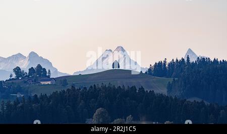 Blick auf die Berge Schreckhorn, Wetterhorn, Finsteraarhorn und Eiger von den grünen Hügeln Sumiswald, Emmental, Bern, Schweiz, Europa Stockfoto