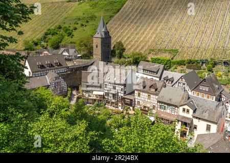 Halbholzlager am Malerwinkel und am Steeger Tor in Bacharach von oben gesehen, Weltkulturerbe Oberes Mittelrheintal, Rheinland-Pfalz, Ge Stockfoto