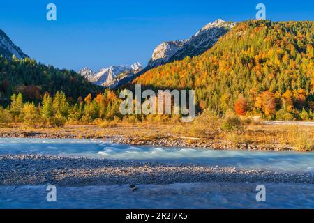 Blick über den Rißbach bis zur Falkengruppe im Herbst, Hinterriß, Karwendel, Tirol, Österreich Stockfoto