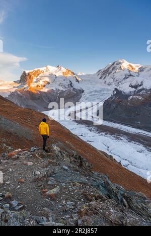 Wanderer stehen auf Felsen und bewundern das Monte-Rosa-Massiv, den Gorner-Gletscher und die Lyskamm-Gipfel bei Sonnenuntergang, die Riffealp Stockfoto