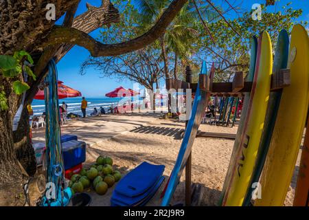 Blick auf Surfbretter und Anbieter am sonnigen Morgen auf Kuta Beach, Kuta, Bali, Indonesien, Südostasien, Asien Stockfoto