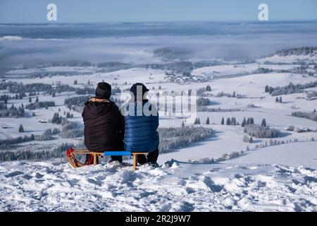 Weitblick über den Königswinkel, im Vordergrund zwei Personen, die auf Schlitten sitzen, Buchenberg Alm, Allgäu Alpen, Allgäu, Bayern, Deutschland, Europa Stockfoto