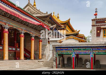 Dekorationen und Gemälde auf dem Dach und der Fassade des Klosters Kumbum Champa Ling, Xining, China Stockfoto