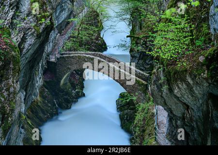 Steinbrücke über die Areuse, Areuse-Schlucht, Swiss Jura, Neuchâtel, Schweiz Stockfoto