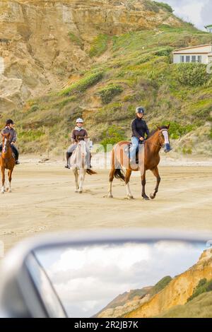 Bayleys Beach Neuseeland März 6 2011; drei Pferde und Reiter am Strand mit Dünen, die sich im Rückspiegel des Autos spiegeln. Stockfoto