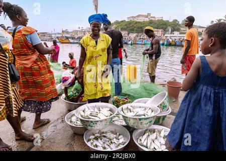 Fischmarkt und Fischereihafen in Elmina mit Blick auf die Festung São Jago da Mina in der Zentralregion Westghanas in Westafrika Stockfoto