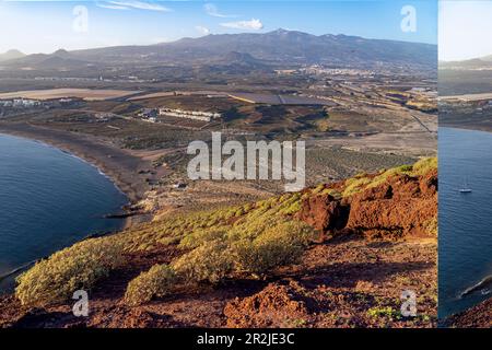 Blick vom Berg Montana Roja zum Strand Playa La Tejita in der Nähe von El Medano, Granadilla de Abona, Insel Teneriffa, Kanarische Inseln, Spanien, Europa Stockfoto